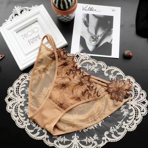 👙👙Ladies' sexy and hot floral embroidery thin style sheer cotton base pure cotton low-rise see-through thong with low-cut crotch.👙👙
