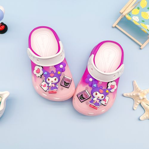 Cool shiny thick - soled non - slip glowing clogs with a cute purple Kuromi cartoon pattern, a stylish closed - toe design, suitable for outdoor wear.