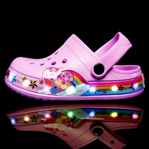 Kids Glow in the Dark Clogs, Breathable EVA Sports  Casual Shoes, Non Slip Water Sports Beach Footwear, Cartoon Pattern, Slip On Closure, Battery Operated,  for Boys  Girls  Spring Summer Fall