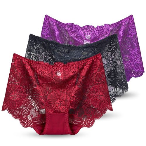 👙👙👙European and American lace hollow women's mid-waist briefs, sexy mesh thin breathable cotton underwear women👙👙👙