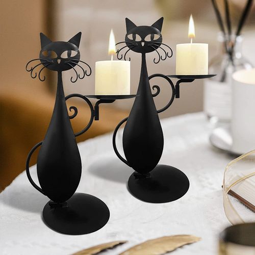 Black Cat Candlestick Vintage Country Cottage Family Metal Cat Decorative Candlestick Ornament