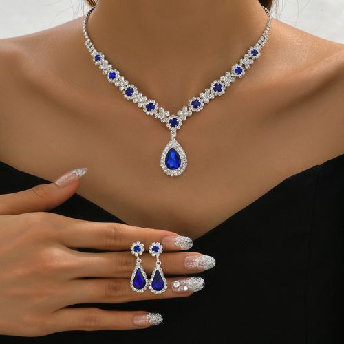 Fashionable European and American New Jewelry Premium Crystal Gem Women's Water Drop Necklace Earnail💎📿