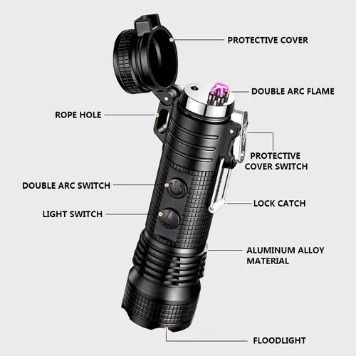 Multifunctional 4-in-1 Arc Lighter Flashlight Outdoor Windproof Waterproof Lighter Dual Arc Pulse Cigarette Lighter High Hardness Aluminum Escape Flashlight USB Charging
