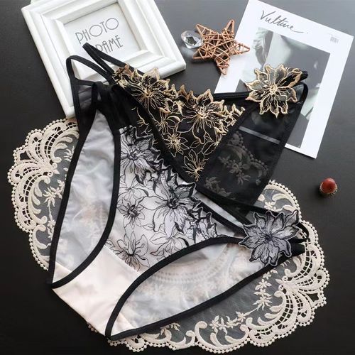 👙👙Ladies' sexy and hot floral embroidery thin style sheer cotton base pure cotton low-rise see-through thong with low-cut crotch.👙👙