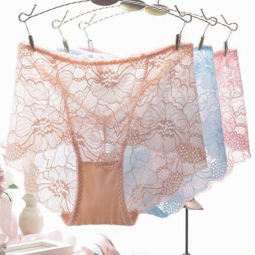 👙👙👙European and American lace hollow women's mid-waist briefs, sexy mesh thin breathable cotton underwear women👙👙👙
