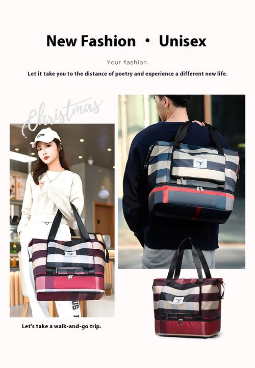 Foldable plaid travel bag fashion shoulder large capacity business trip short travel luggage bag fitness bag portable storage bag