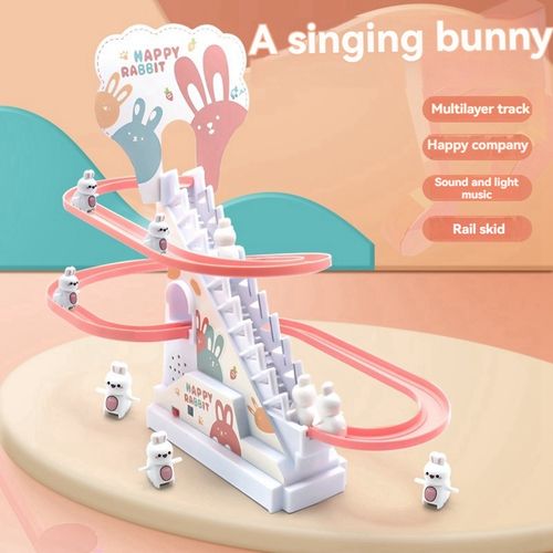 The cute bunny climbing the stairs.  Prepare a gift for your child on Children's Day.  Which child doesn't like it?