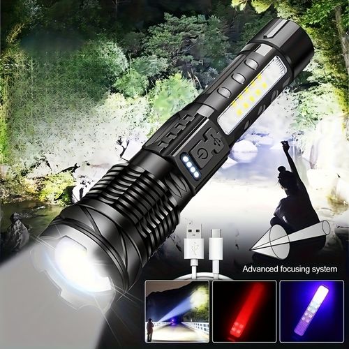 Outdoor high-intensity flashlight made of aluminum alloy, emitting white laser light, with telescopic zoom function, suitable for long-term outdoor use with extended battery life.