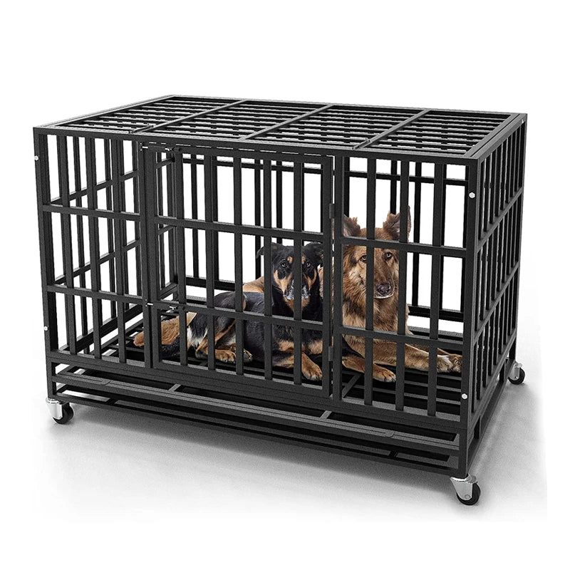 Heavy Duty Large Dog Cages Solid Metal Square Tube Collapsible Pet Dog Cage Kennel With Wheels and Plastic Tray