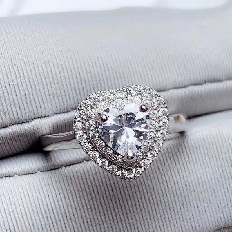 White Gold Plated Silver Heart Cut Double Halo Moissanite Ring 1ct