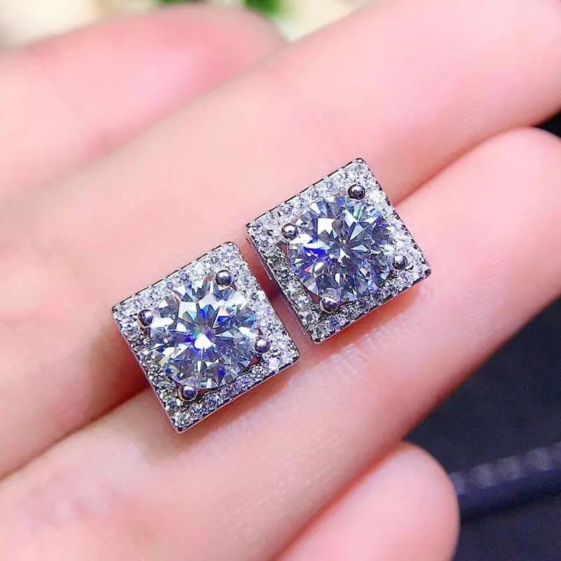 White Gold Plated Silver Square Halo Moissanite Earrings 2ctw