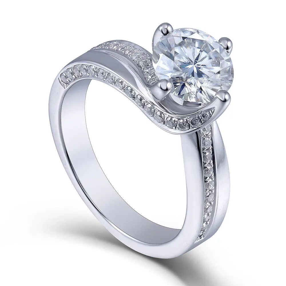 Solitaire Moissanite Engagement Ring Platinum Plated Silver 1.5 Carat Center Stone