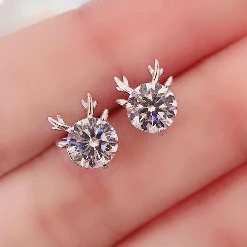 White Gold Plated Silver Deer Moissanite Stud Earrings 2 Carat Total