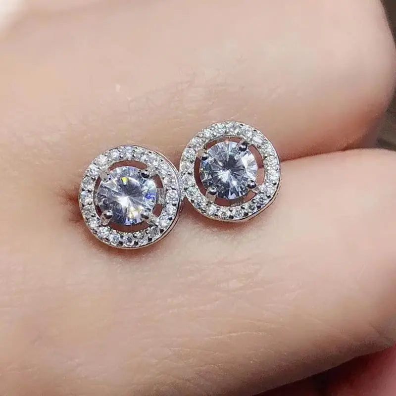 White Gold Plated Silver Halo Moissanite Stud Earrings 1ctw