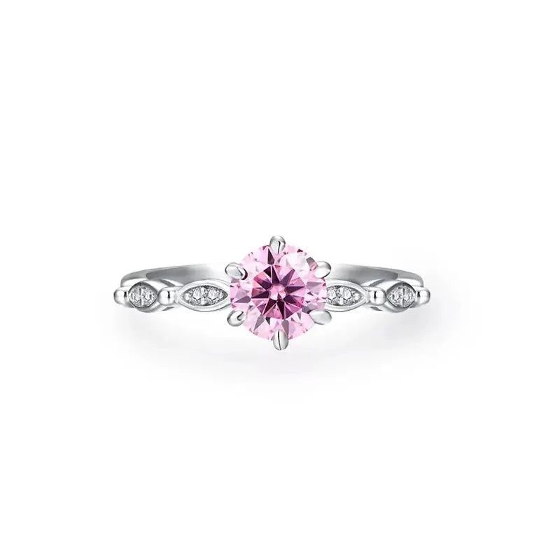 Silver or Gold 1.0ct Pink Moissanite Ring with Side Accent Stones