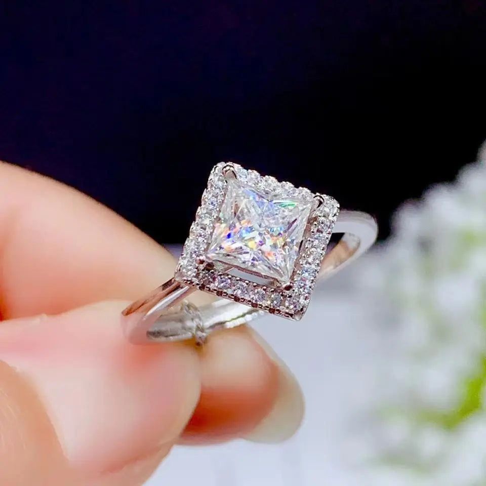 White Gold Plated Princess Cut Halo Moissanite Ring 1ct Center Stone