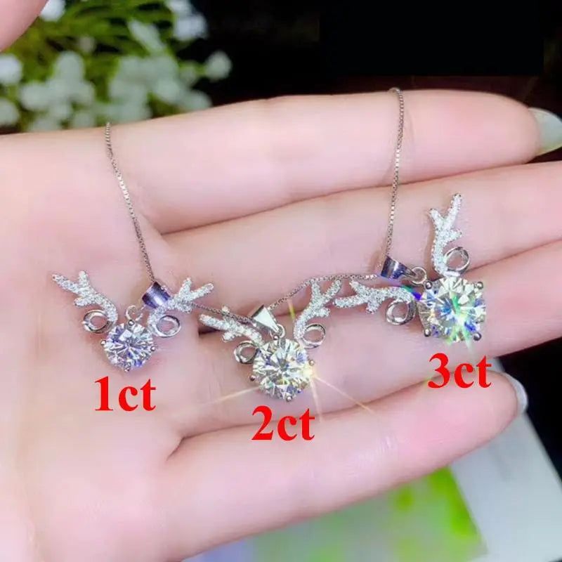 White Gold Plated Silver Deer Moissanite Necklace 1ct - 3ct Options