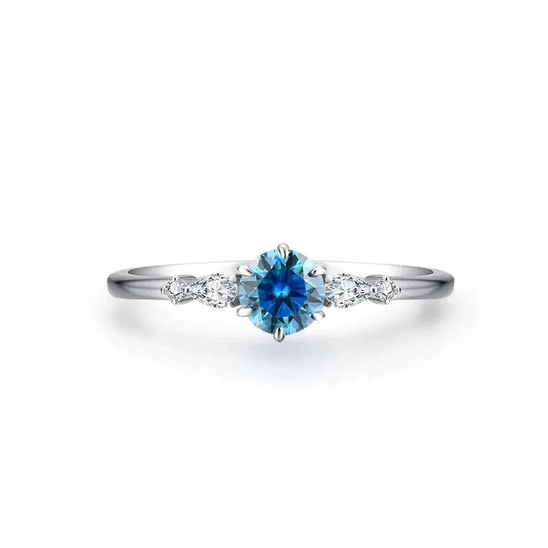 Silver or Gold 0.5ct Blue Ocean Moissanite Ring with Side Accent Stones