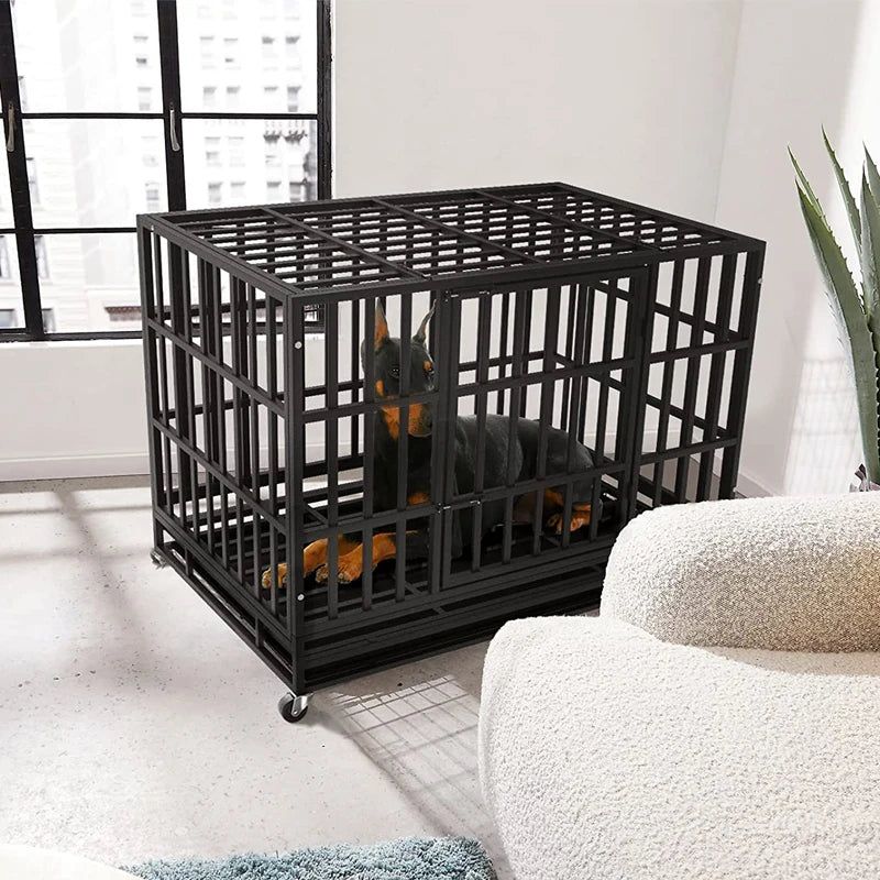 48" Large Collapsible Dog Crate Kennel Black Metal Pet Breeding Dogs Cages casa para perrocasa perro grande