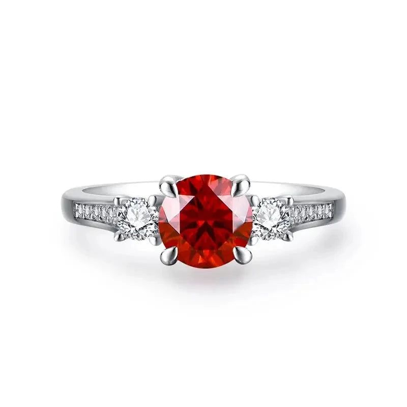 Silver or Gold 1ct Red Fire Moissanite Ring with Side Stones and Band Accents 1.3 ctw