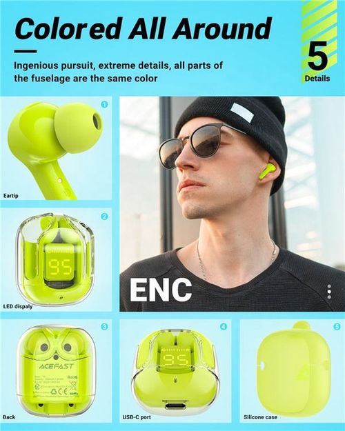 Auscultadores intra-auriculares sem fios com ecrã LED portátil Crystal, qualidade de som profissional e nítida