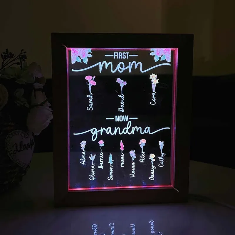 First Mom Now Grandma | Personalized Birth Flower Light Up Frame