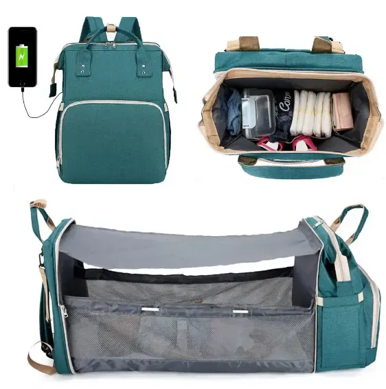 🍼👶Luxury Bag Storage Travel Baby Mommy Diaper Portable Bag Folding Mommy Bag Backpack With Changing Station Bed