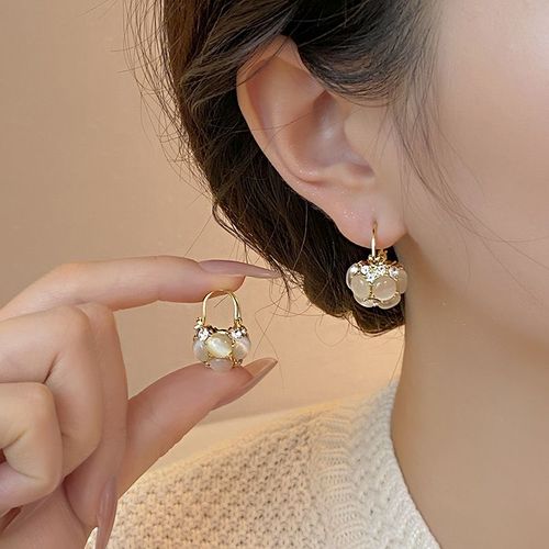 French Elegant Cat Eye Pearls Flower Basket Style Dangle Earrings Custom Jewelry for Women's Engagement & Wedding for Parties