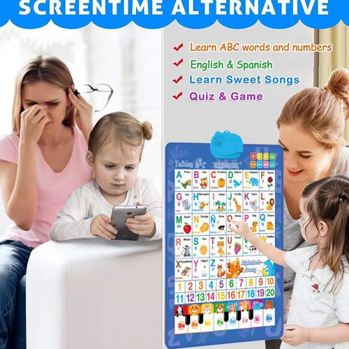 Talking Wall Charts for Kids Bilingual Alphabet Numbers English & Spanish Learning Poster with Music for Kids Boys Girls Age 1-6