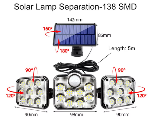 IP65 waterproof 3-head adjustable split 138 light-emitting diode solar wall lamp outdoor remote control