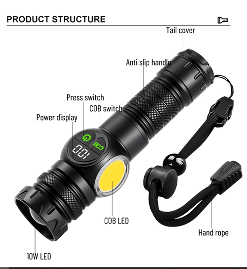 Long-distance LED tactical flashlight, USB rechargeable magnetic flashlight, 1500 high lumens adjustable focus outdoor flashlight, IP65