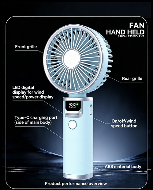 FS-8310B Portable Handheld Fan Electroplated 3-Phase Brushless Motor 1800mAh Battery Powerful Airflow  Ideal for Outdoor & In-Car Use Digital Display