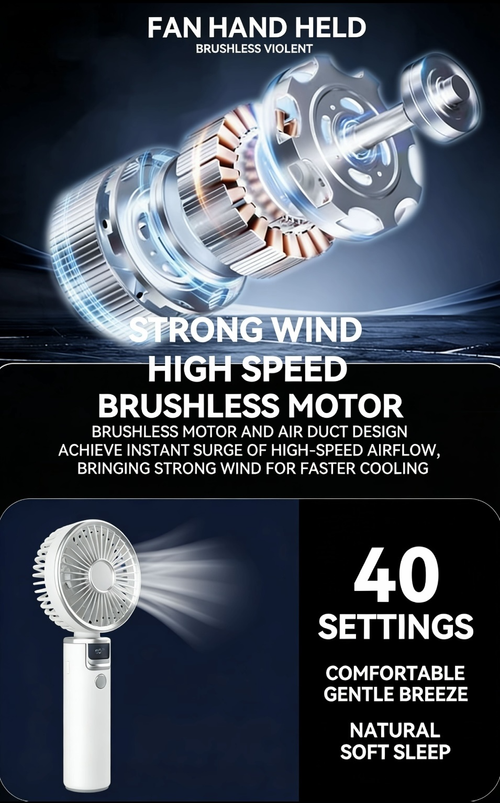 FS-8310B Portable Handheld Fan Electroplated 3-Phase Brushless Motor 1800mAh Battery Powerful Airflow  Ideal for Outdoor & In-Car Use Digital Display