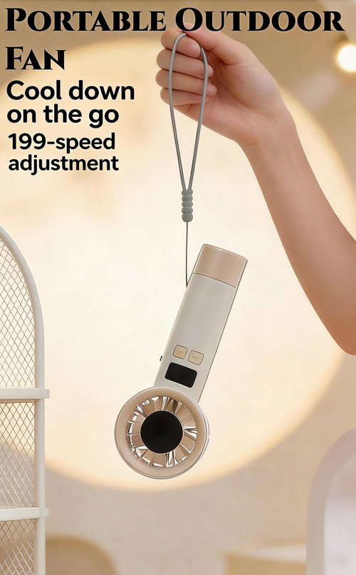 FS-8910 Digital Display Handheld Rechargeable Mini Fan Stepless Speed ​​Control (199 Levels) With Lanyard Outdoor Fan
