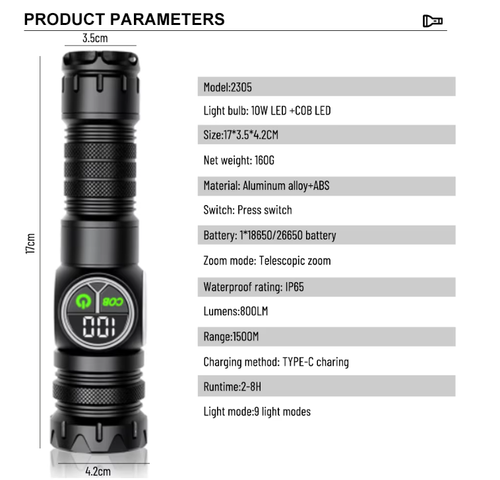 Long-distance LED tactical flashlight, USB rechargeable magnetic flashlight, 1500 high lumens adjustable focus outdoor flashlight, IP65