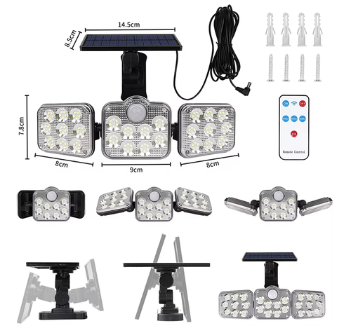 IP65 waterproof 3-head adjustable split 138 light-emitting diode solar wall lamp outdoor remote control