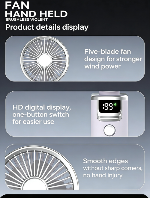 FS-8310B Portable Handheld Fan Electroplated 3-Phase Brushless Motor 1800mAh Battery Powerful Airflow  Ideal for Outdoor & In-Car Use Digital Display
