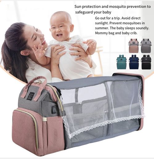All - in - One Foldable Crib Diaper Bag • Mosquito Net & Toy Hanger
