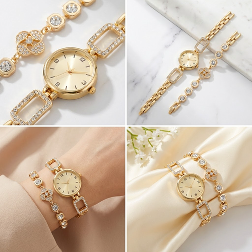 A pair of watch bracelets, available with white, gold, or black dials.