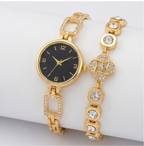 A pair of watch bracelets, available with white, gold, or black dials.