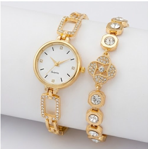 A pair of watch bracelets, available with white, gold, or black dials.
