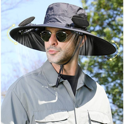 Men's Outdoor Sun Hat with Dual Fans and Solar Charging