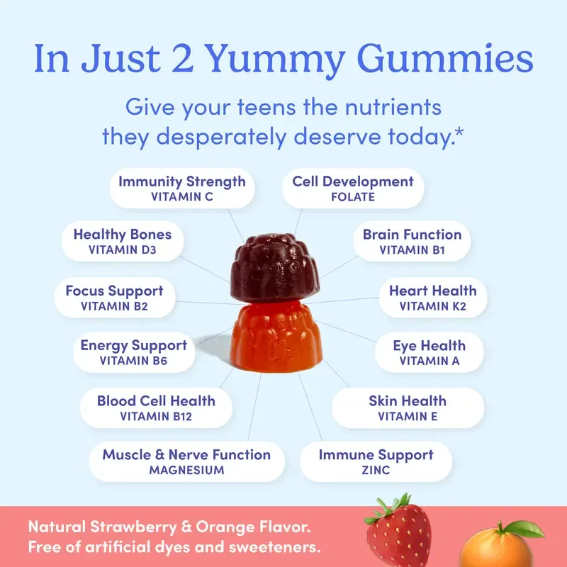 First Day Teens Age 13-17 Multivitamin Gummies - Organic Fruit & Veggie Blend + Vitamins A, B1, B2, B6, E, B12, C, D3 & K2, Zinc & Folate Teen Boy and Teen Girl Gummies Supplement - Organic Multivitamin Gummies for Teens