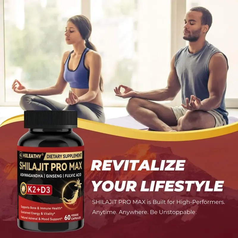 HIILEATHY Shilajit Pro Max - 60 Capsules with K2 D3 Fulvic Acid & Electrolytes for Energy Muscle Recovery Joint Support Made in USA Natural Supplement