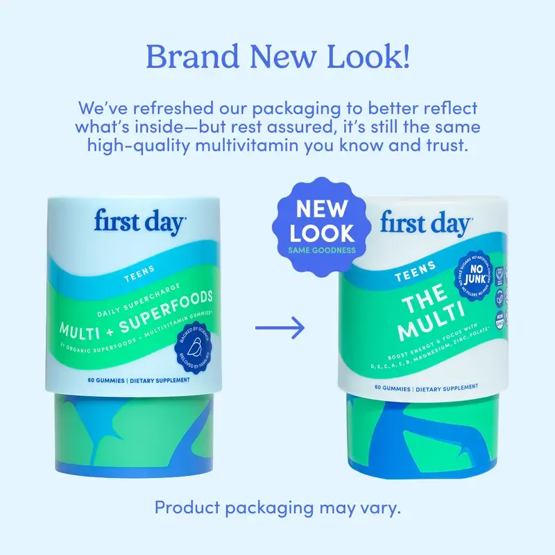 First Day Teens Age 13-17 Multivitamin Gummies - Organic Fruit & Veggie Blend + Vitamins A, B1, B2, B6, E, B12, C, D3 & K2, Zinc & Folate Teen Boy and Teen Girl Gummies Supplement - Organic Multivitamin Gummies for Teens