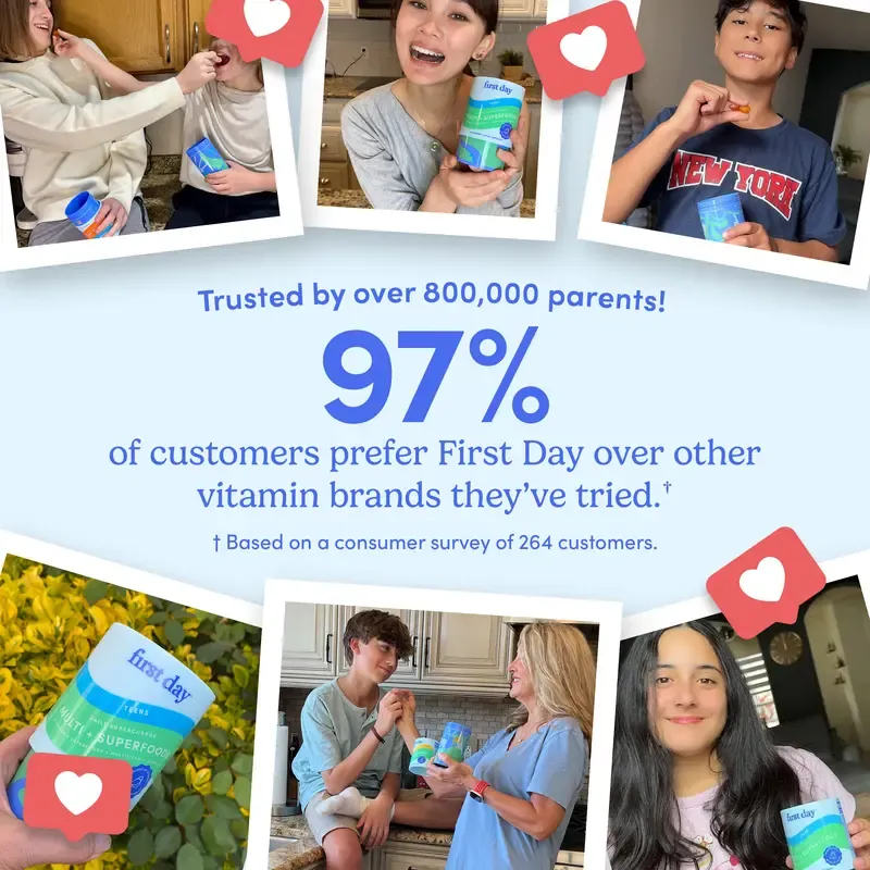 First Day Teens Age 13-17 Multivitamin Gummies - Organic Fruit & Veggie Blend + Vitamins A, B1, B2, B6, E, B12, C, D3 & K2, Zinc & Folate Teen Boy and Teen Girl Gummies Supplement - Organic Multivitamin Gummies for Teens