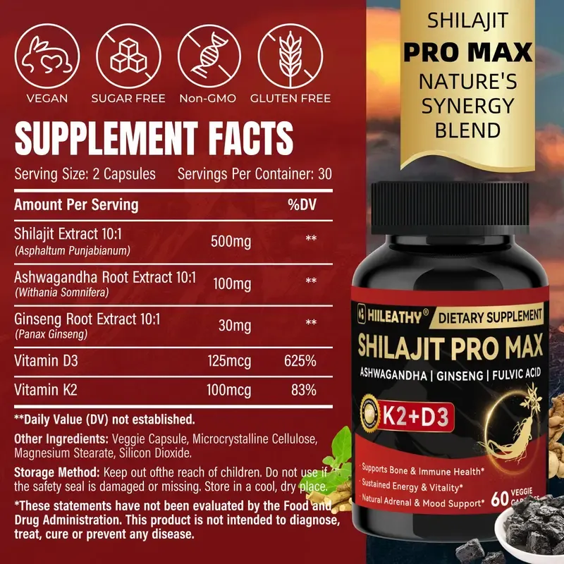 HIILEATHY Shilajit Pro Max - 60 Capsules with K2 D3 Fulvic Acid & Electrolytes for Energy Muscle Recovery Joint Support Made in USA Natural Supplement