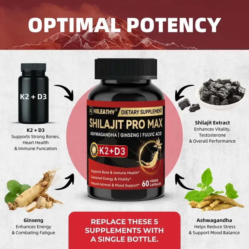 HIILEATHY Shilajit Pro Max - 60 Capsules with K2 D3 Fulvic Acid & Electrolytes for Energy Muscle Recovery Joint Support Made in USA Natural Supplement
