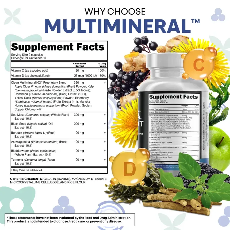 Clean Nutraceuticals Sea Moss, Black Seed Oil, Ashwagandha, Turmeric, Bladderwrack, Burdock, Vitamin C, Vitamin D3 with Elderberry Manuka Supplement Capsules – MultiMineral