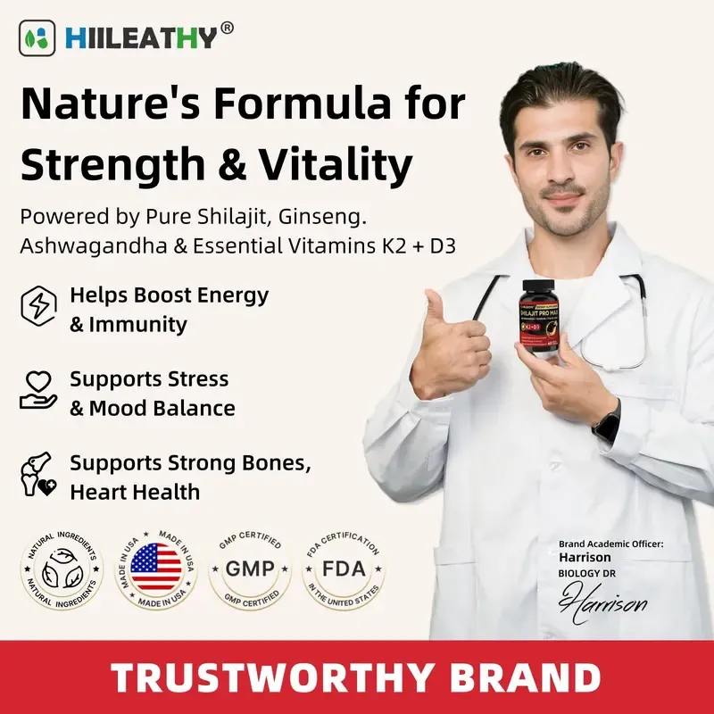 HIILEATHY Shilajit Pro Max - 60 Capsules with K2 D3 Fulvic Acid & Electrolytes for Energy Muscle Recovery Joint Support Made in USA Natural Supplement
